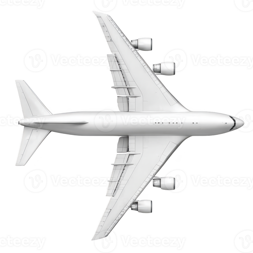 Aerial view of large white passenger airplane isolated on transparency background, showcasing its wings and engines. image highlights aircraft sleek design and modern engineering png
