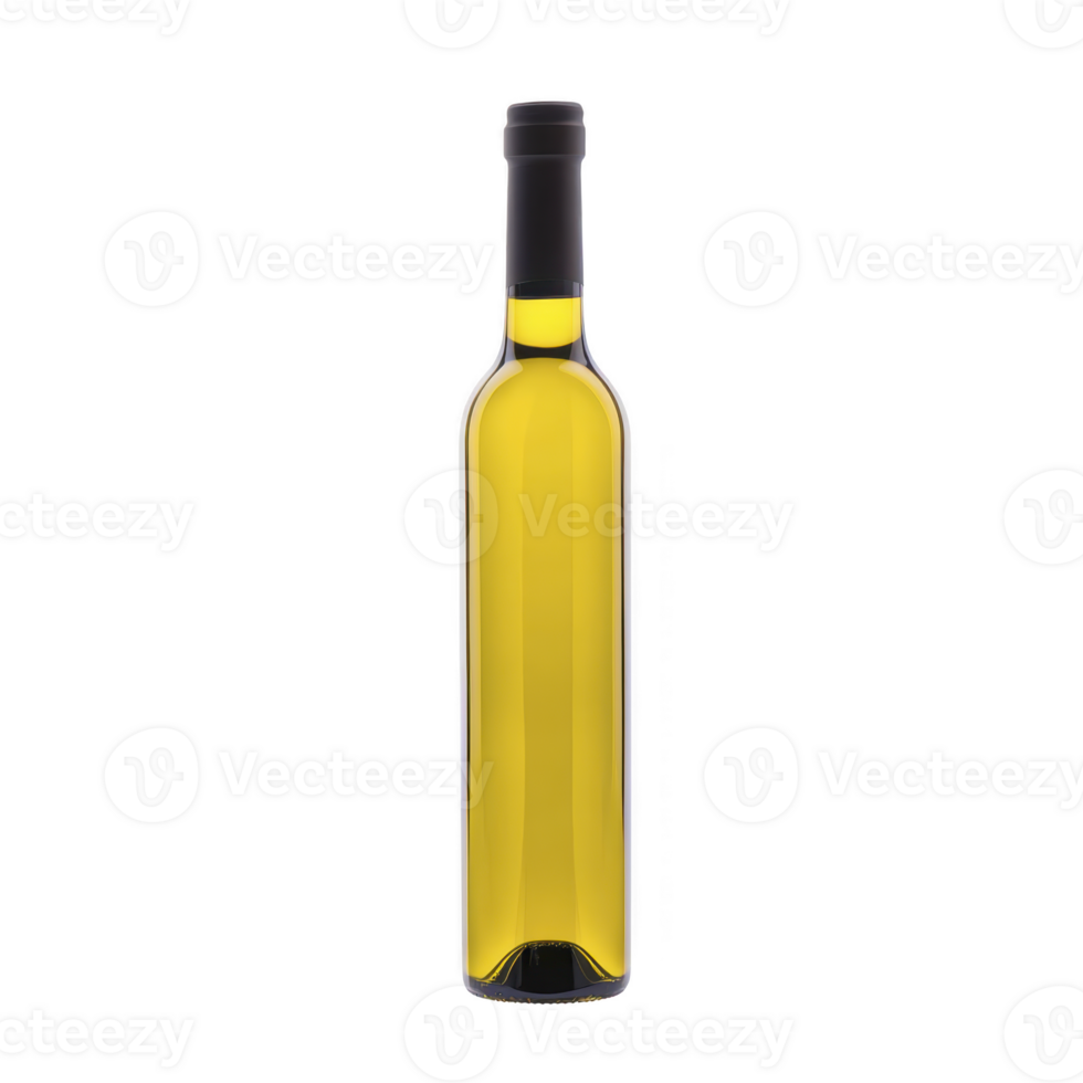 Tall, slender bottle of white wine with black cap stands against plain background, showcasing its elegant design. bottle transparent glass reveals golden hue of wine inside png