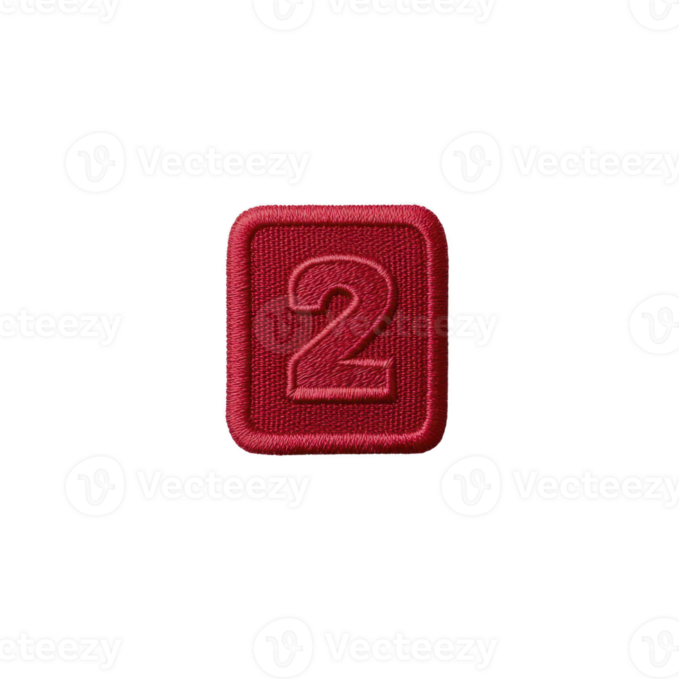 Red embroidered patch with number two in center, featuring rectangular shape and textured fabric surface. patch is isolated on transparency background png