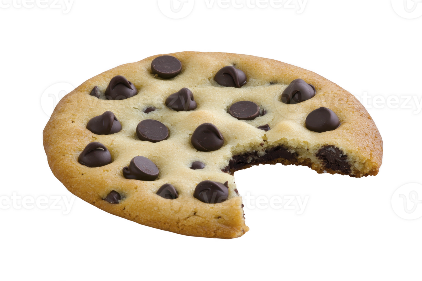 Delicious chocolate chip cookie with bite taken out, showcasing its soft texture and rich chocolate pieces. cookie is golden brown, highlighting its freshly baked appearance png