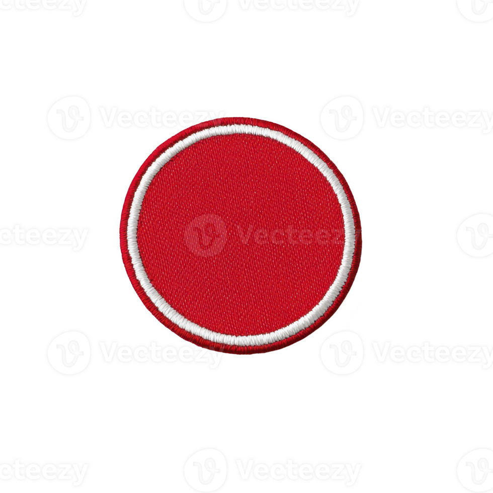 Red circular fabric patch with white border, isolated on transparency background. patch is simple and bold, suitable for various applications like clothing or accessories png