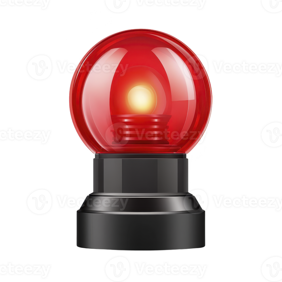 Red emergency light with glowing bulb inside black base, often used for signaling alerts or warnings. light is spherical and emits bright, attention grabbing glow png