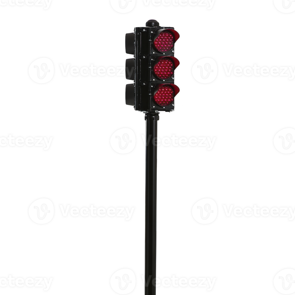 Traffic light with three red signals is mounted on tall black pole, indicating stop. image is isolated on transparency background, emphasizing traffic control device png
