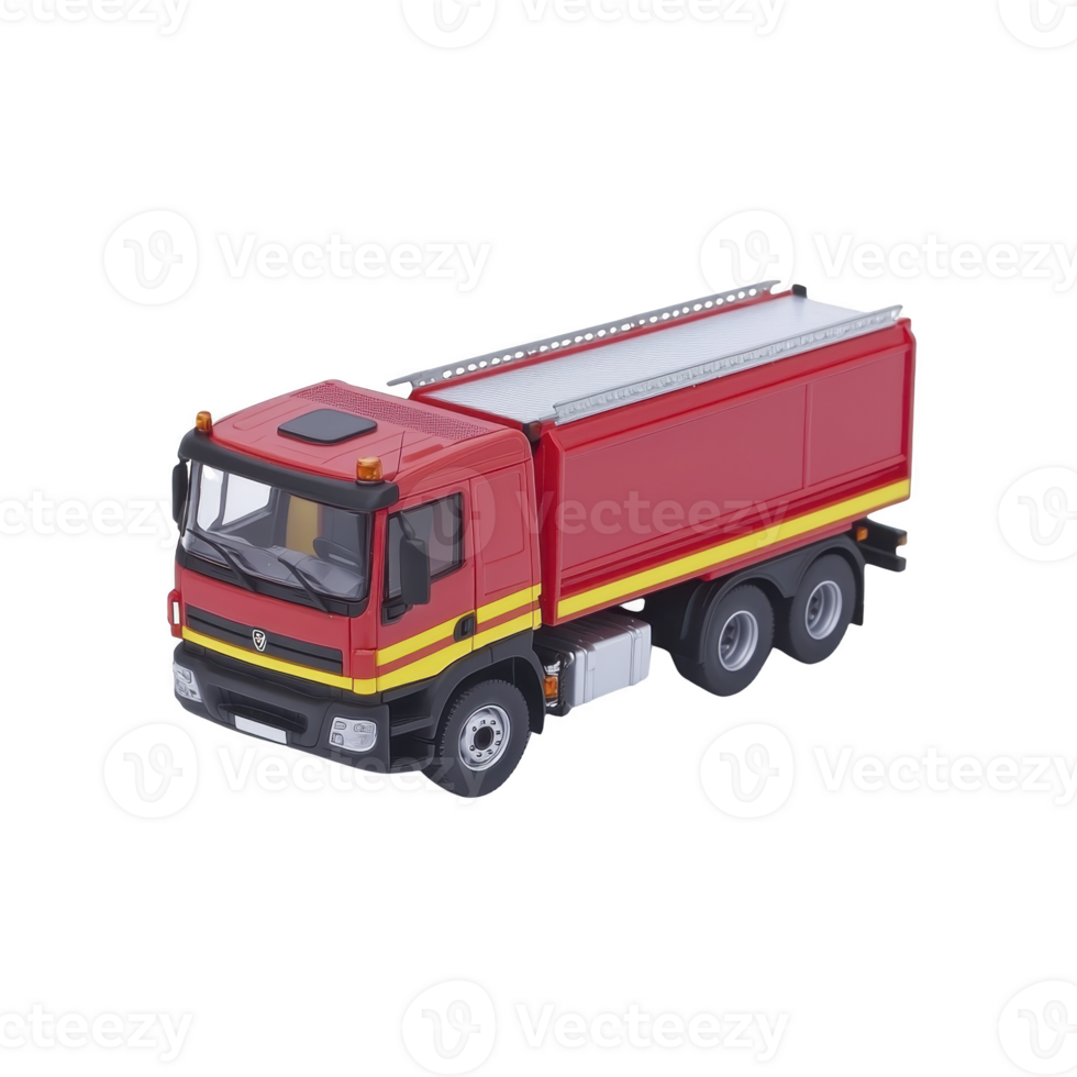 Red toy dump truck with yellow stripes is shown transparency background. model features detailed design elements, including cab, wheels, and functional looking dump bed, ideal for play png