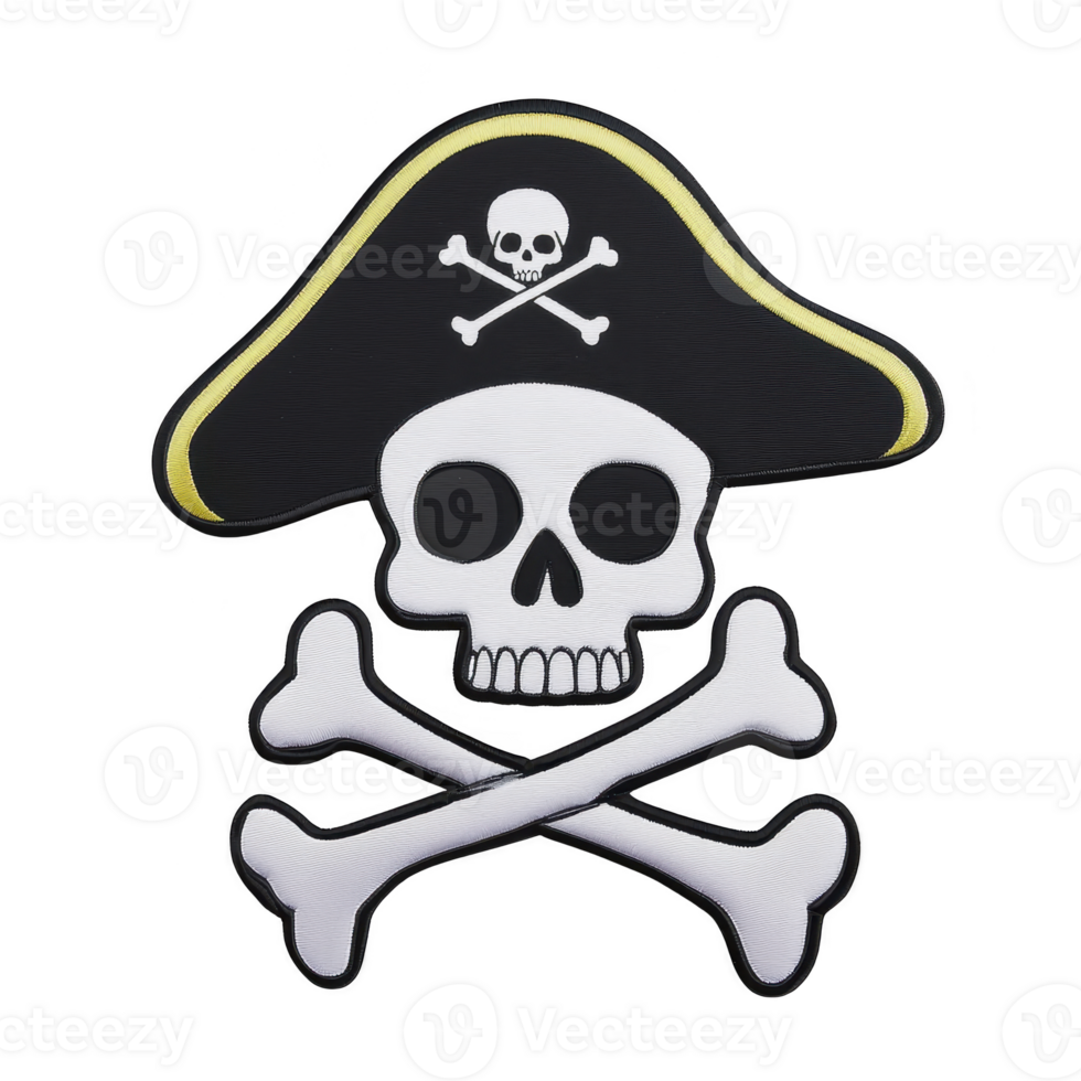 Skull and crossbones with pirate hat symbolizes piracy and adventure. black hat features skull and crossbones emblem, enhancing classic pirate theme png