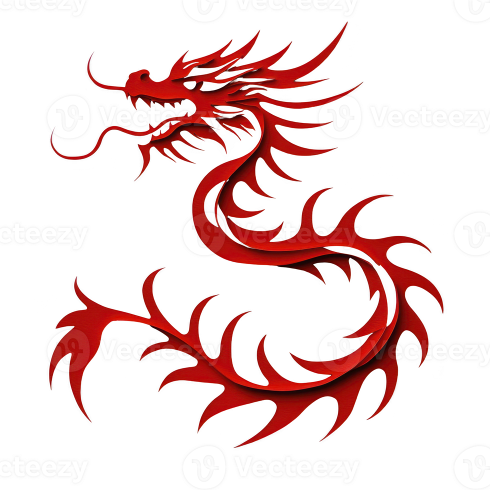 Vibrant red dragon illustration with intricate, swirling patterns and sharp, flame like details, exuding sense of power and mystique. dragon dynamic pose and flowing design create sense png