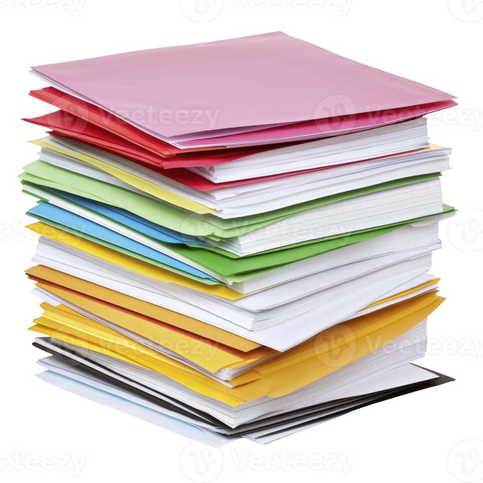 Stack of colorful folders and papers is neatly arranged, showcasing variety of vibrant colors including red, green, blue, yellow, and pink. image conveys organization and productivity png