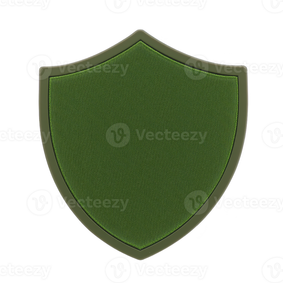 Green shield with textured surface and dark border symbolizes protection and security. simple design conveys strength and defense png