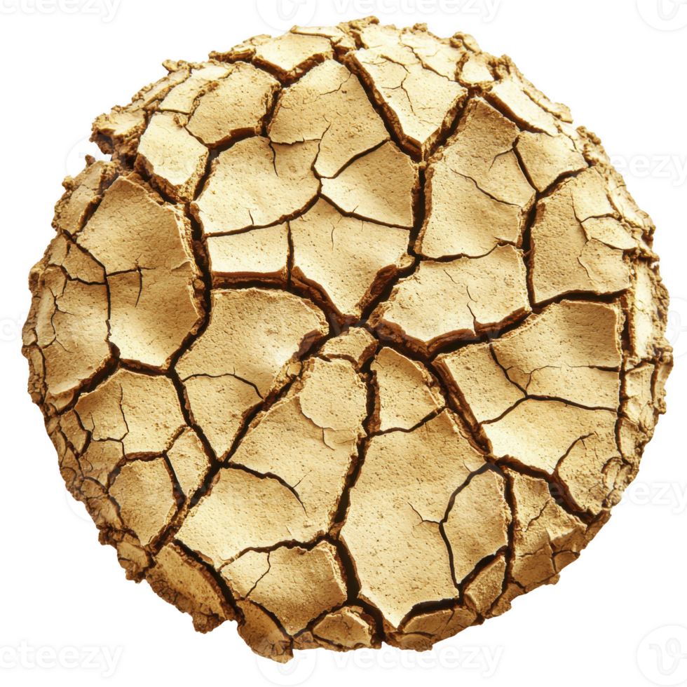 Cracked, dry, circular piece of earth resembling parched desert surface, showcasing effects of drought and arid conditions. texture is rough and fragmented, highlighting environmental challenges png