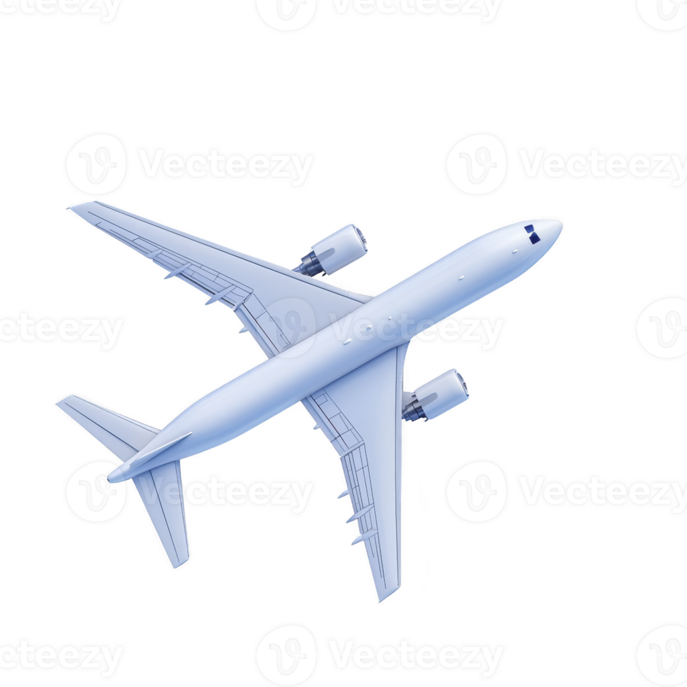 White commercial airplane is flying against clear sky, showcasing its sleek design and powerful engines. aircraft is captured from top down perspective, highlighting its wingspan and aerodynamic png