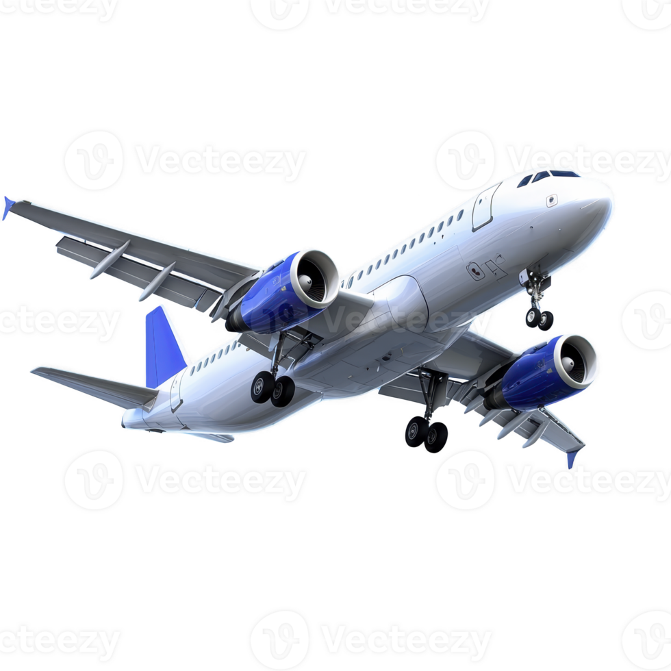 Commercial airplane with blue accents is flying in sky, showcasing its undercarriage and engines. aircraft is depicted in dynamic angle, emphasizing its speed and power png