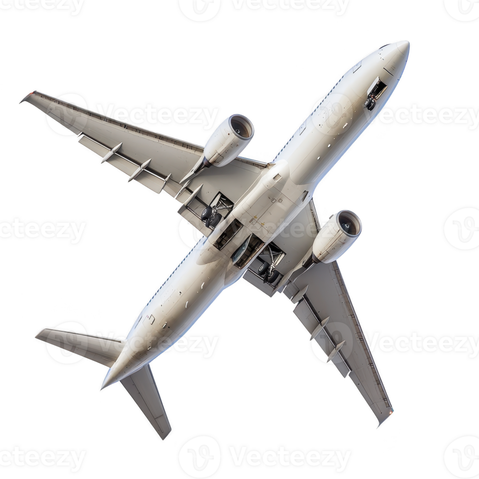 Commercial airplane is flying overhead against clear sky, showcasing its wings and engines. aircraft is captured from below, highlighting its sleek design and powerful structure png