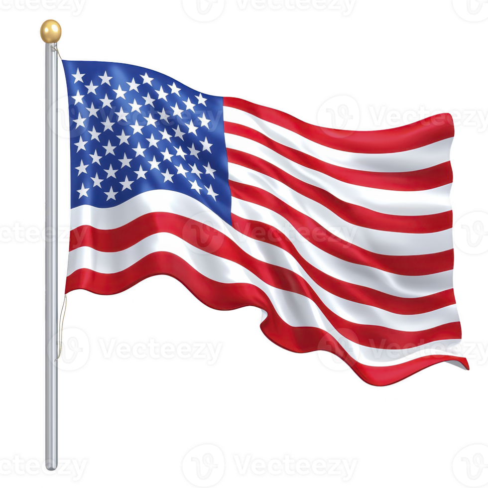 Image shows American flag waving on flagpole, featuring red and white stripes with blue field of white stars. flag symbolizes patriotism and national pride png