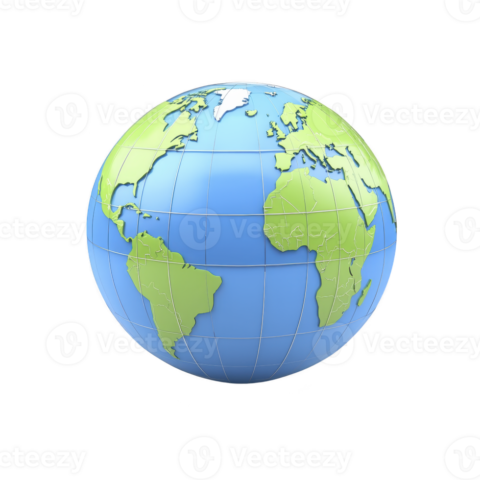 3D globe illustration showing continents and oceans in vibrant colors, highlighting Earth geography. globe is tilted, providing clear view of Western Hemisphere and parts of Europe and Africa png