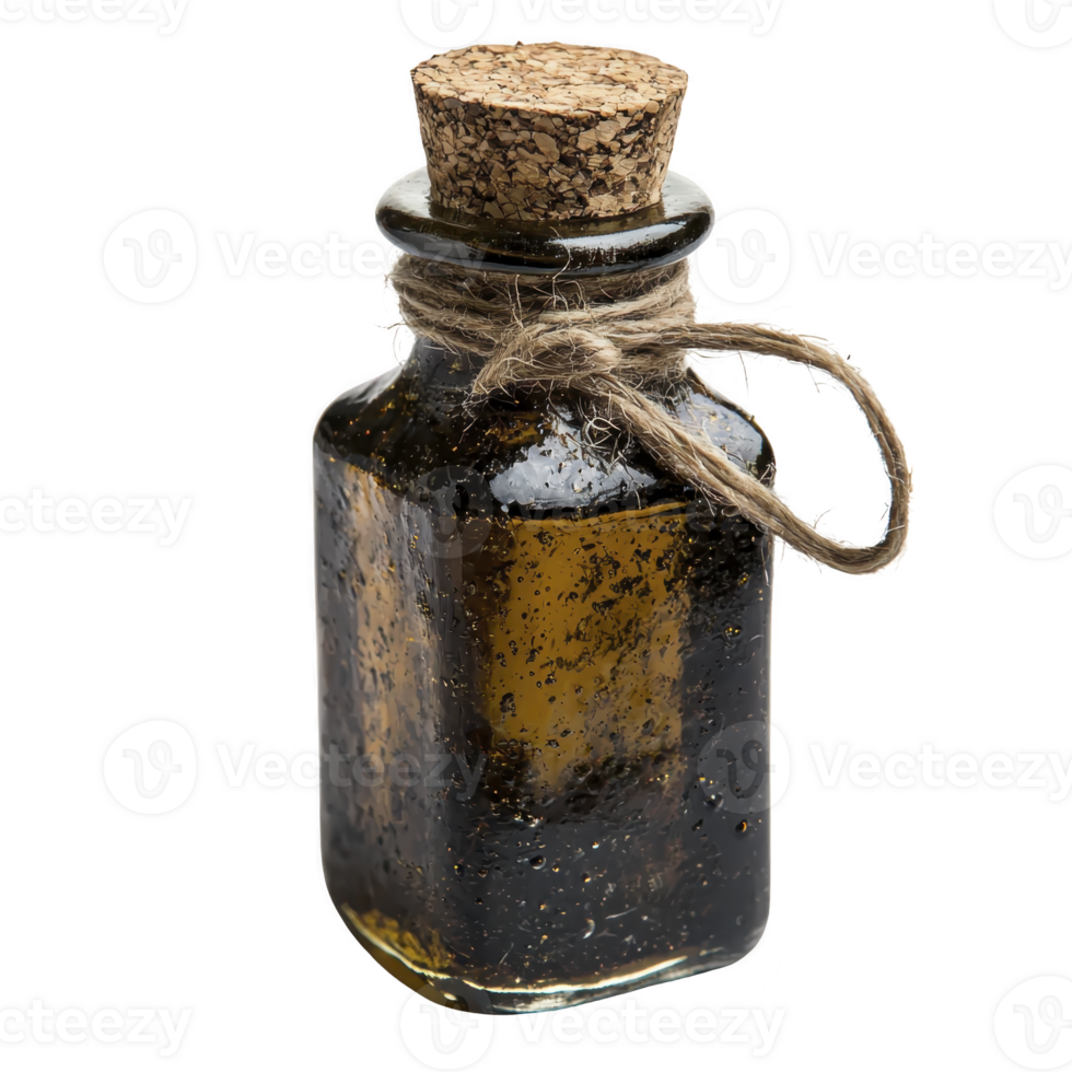 Small, vintage glass bottle with cork stopper and twine around neck, filled with dark liquid, evokes sense of mystery and nostalgia png