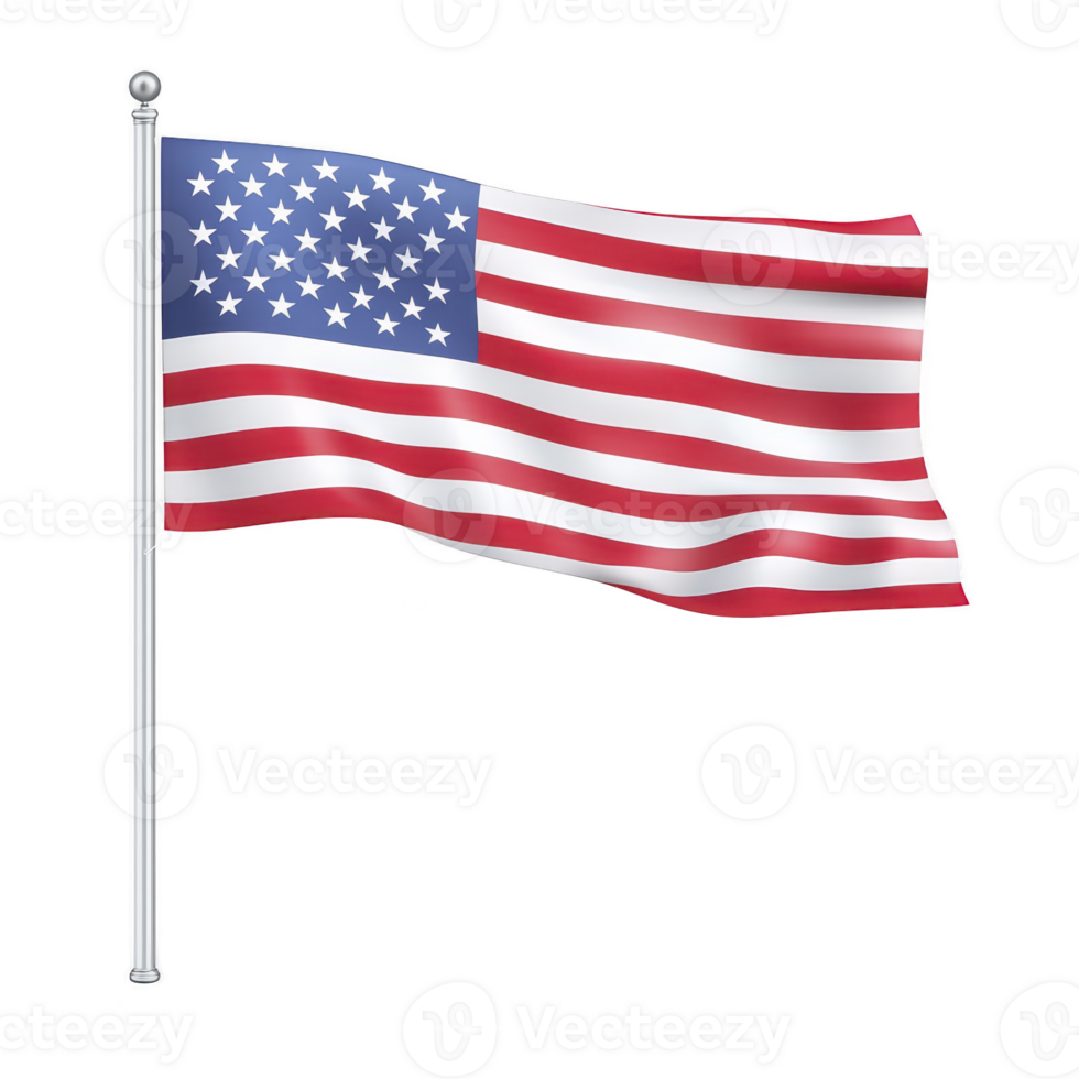 Image shows American flag waving on flagpole, featuring red and white stripes with blue field of white stars png