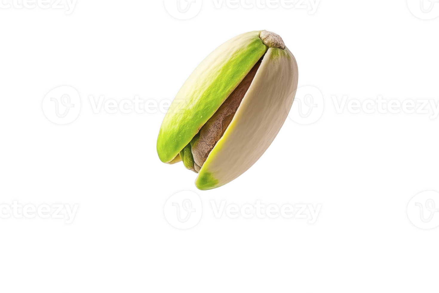 Single pistachio nut with its shell partially open, revealing green nut inside, isolated on transparency background. image highlights natural texture and color of pistachio png