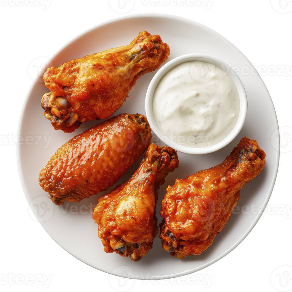 Crispy buffalo chicken wings served with creamy ranch dressing on white plate, perfect for savory snack or appetizer png
