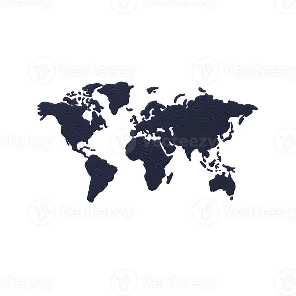 Dark blue world map silhouette on transparency background, showcasing continents in minimalist style. map highlights global layout with textured appearance png