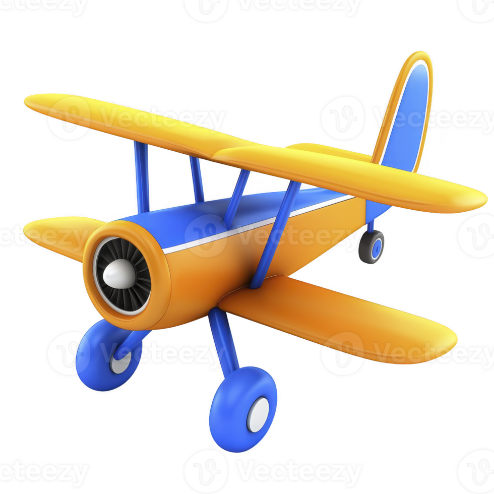 Colorful, cartoon style biplane with bright orange and blue colors, featuring propeller and two wings, evokes playful and adventurous spirit png