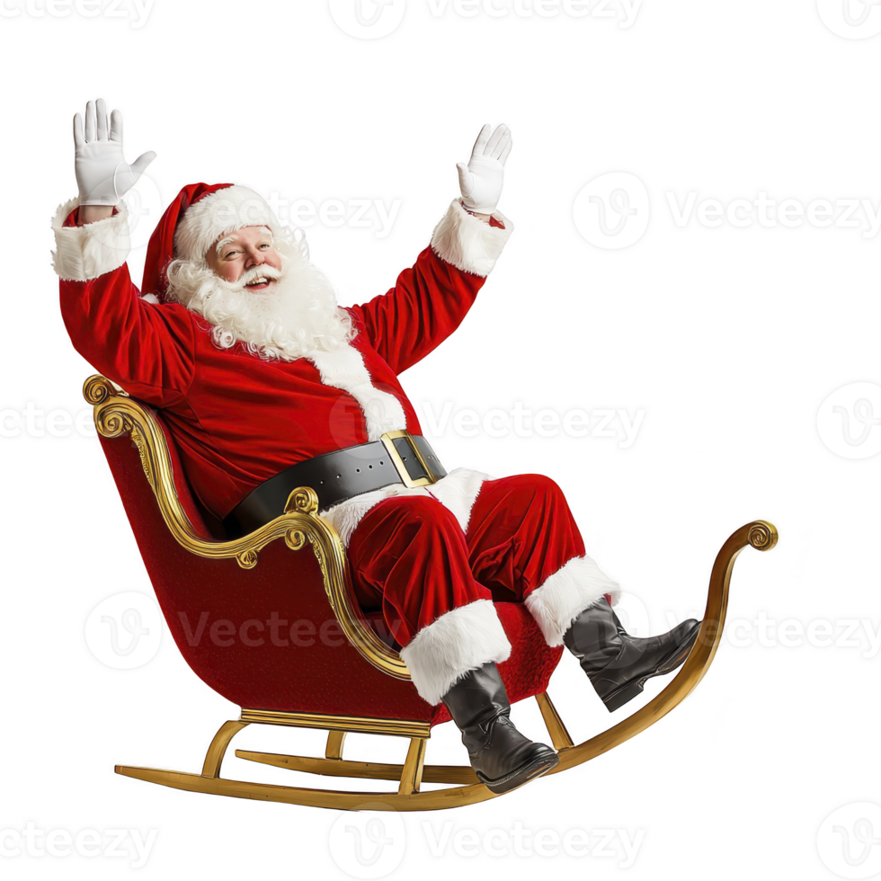 Santa Claus joyfully sitting in red sleigh, wearing his classic red and white suit with black boots and belt, raising his hands in excitement png