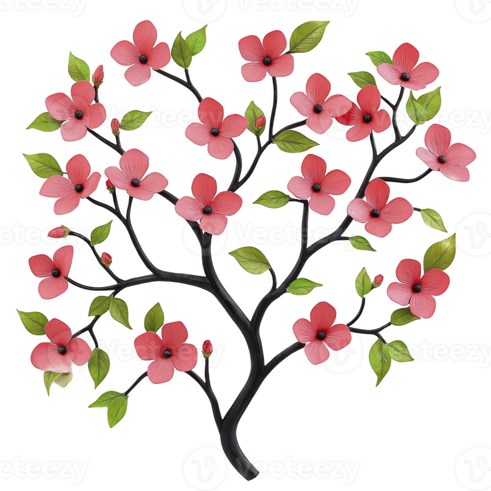 Vibrant illustration of flowering tree with pink blossoms and green leaves, showcasing lively and colorful nature scene png