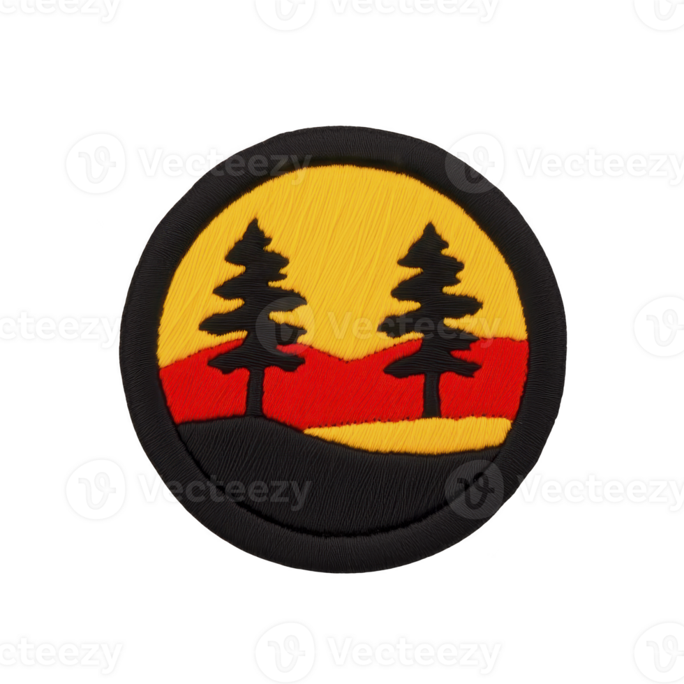 Circular patch design features two silhouetted pine trees against vibrant yellow and red background, evoking sunset or sunrise scene. patch has textured, embroidered appearance png