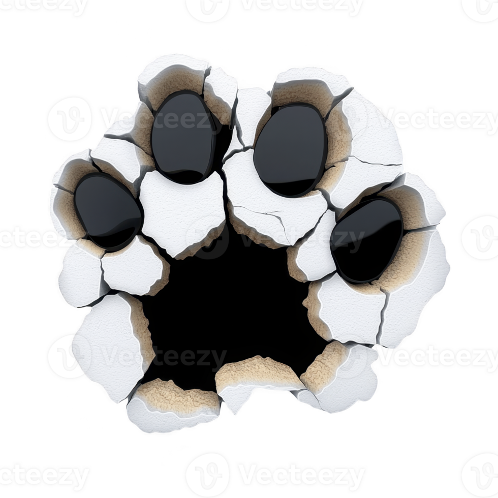 Cracked wall design forms large animal paw print, creating striking visual effect. realistic texture and depth give impression of powerful creature breaking through png