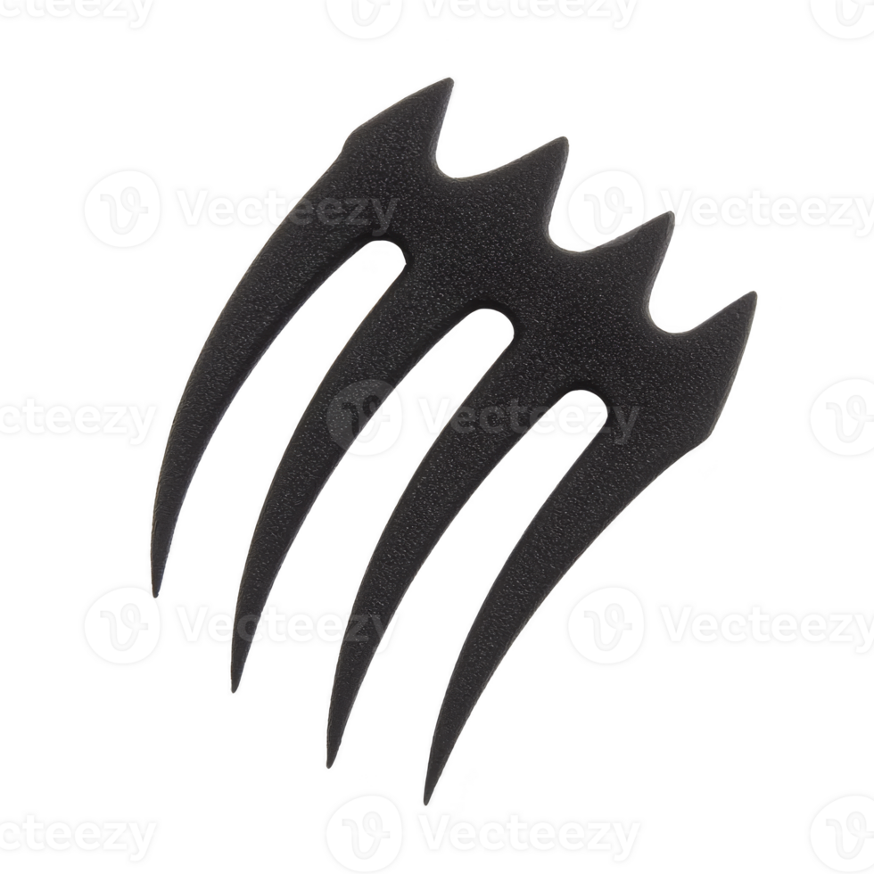 Black, claw shaped weapon with four sharp, curved blades, resembling fantasy or superhero accessory, isolated on transparency background png