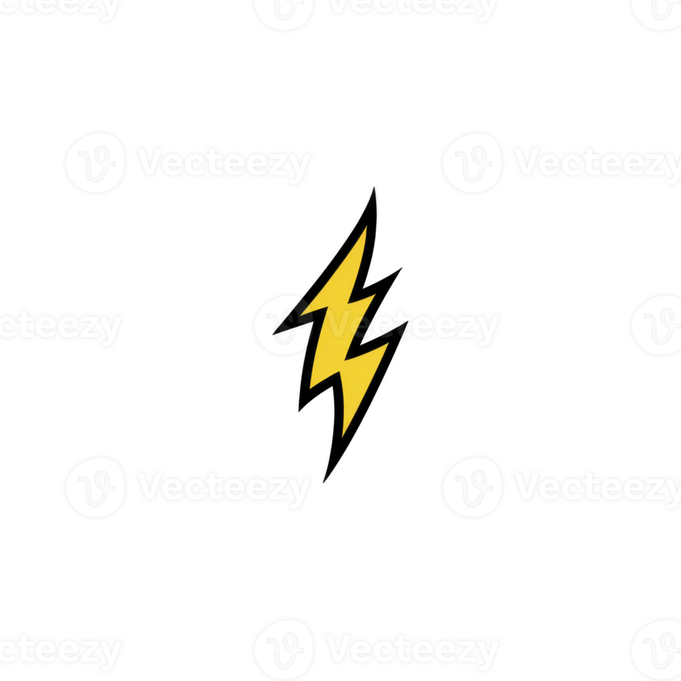 Bold yellow lightning bolt with black outline is centered on plain transparency background, symbolizing energy and power png
