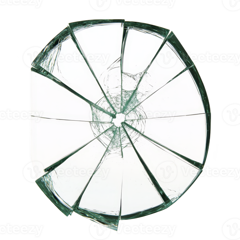 Shattered glass circle with sharp, jagged edges, creating dramatic and chaotic pattern. broken pieces radiate from center, symbolizing fragility and destruction png