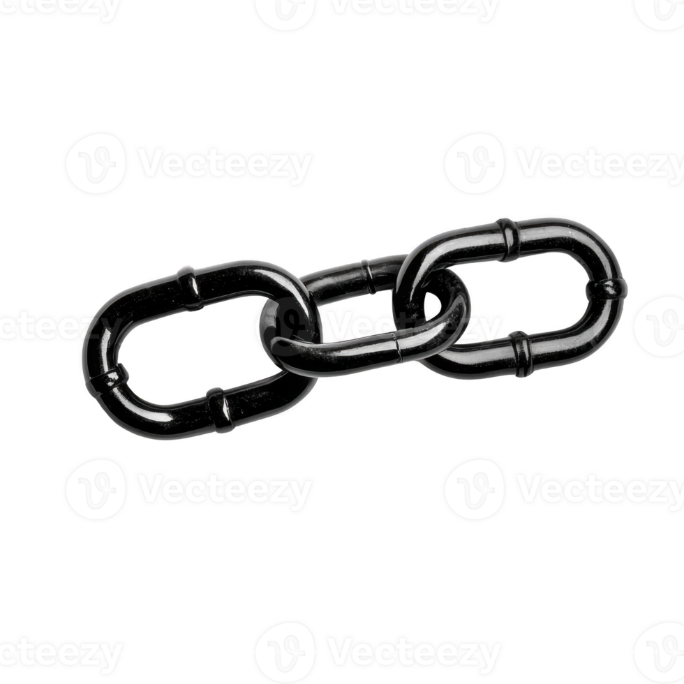 Shiny black metal chain link with sleek design, symbolizing strength and connection. chain consists of three interlocking oval links, each with smooth surface and reflective finish png