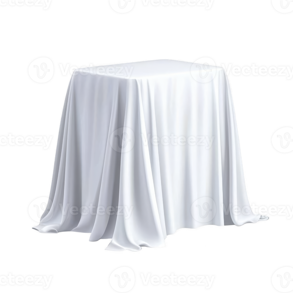 White cloth elegantly draped over rectangular table, creating soft folds and smooth surface. fabric cascades to floor, adding touch of sophistication and simplicity png