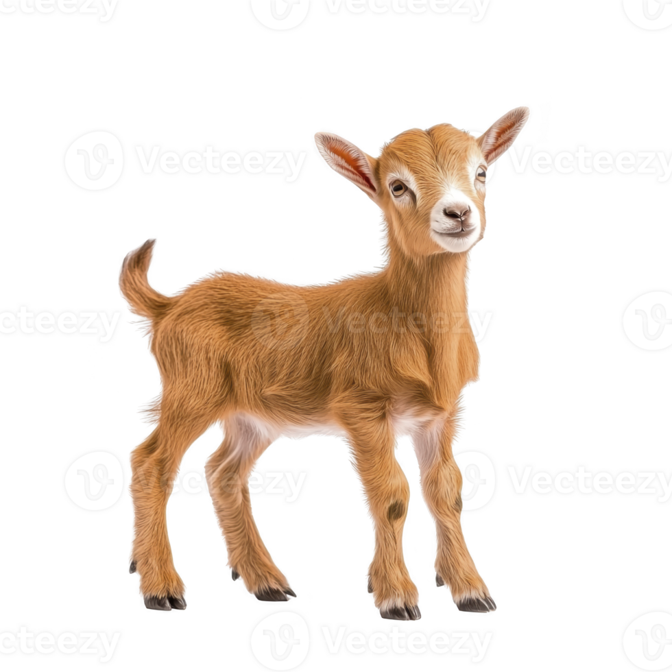 Cute baby goat stands on transparency background, showcasing its fluffy brown fur and curious expression. young goat ears are perked up, adding to its adorable appearance png