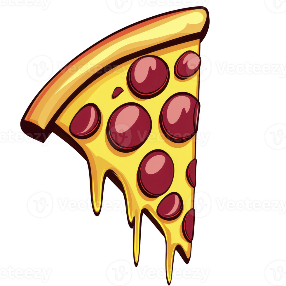 Slice of cartoon pizza with melting cheese and pepperoni toppings, creating delicious and fun appearance. vibrant colors and exaggerated features add playful touch png