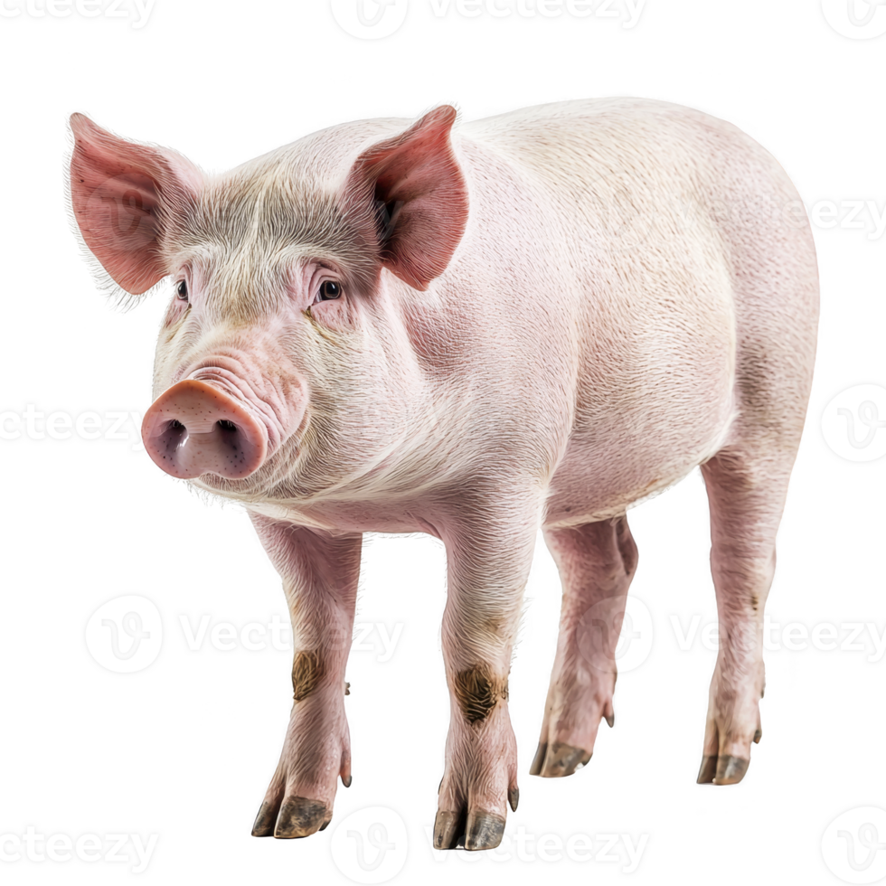 Pink pig stands on transparency background, showcasing its smooth skin and curious expression. pig ears are perked up, and its hooves are visible, adding to its charming appearance png