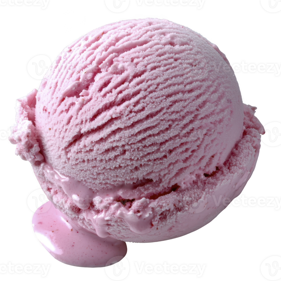 Scoop of delicious pink ice cream with creamy texture and small melt on side, evoking sense of indulgence and sweetness png