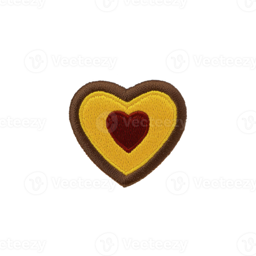 Colorful embroidered heart patch with red heart inside yellow heart, outlined in brown, on transparency background png