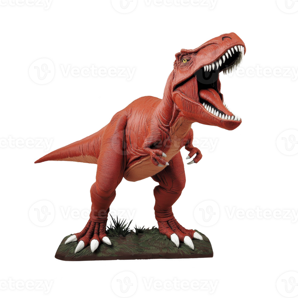 Fierce red Tyrannosaurus rex toy stands with open mouth, showcasing sharp teeth and claws, on grassy base. dinosaur detailed texture and dynamic pose evoke sense of power png