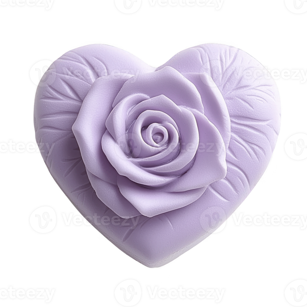 Heart shaped lavender soap with rose design, featuring intricate leaf patterns, evokes sense of elegance and tranquility. Ideal for gifting or decorative purposes png
