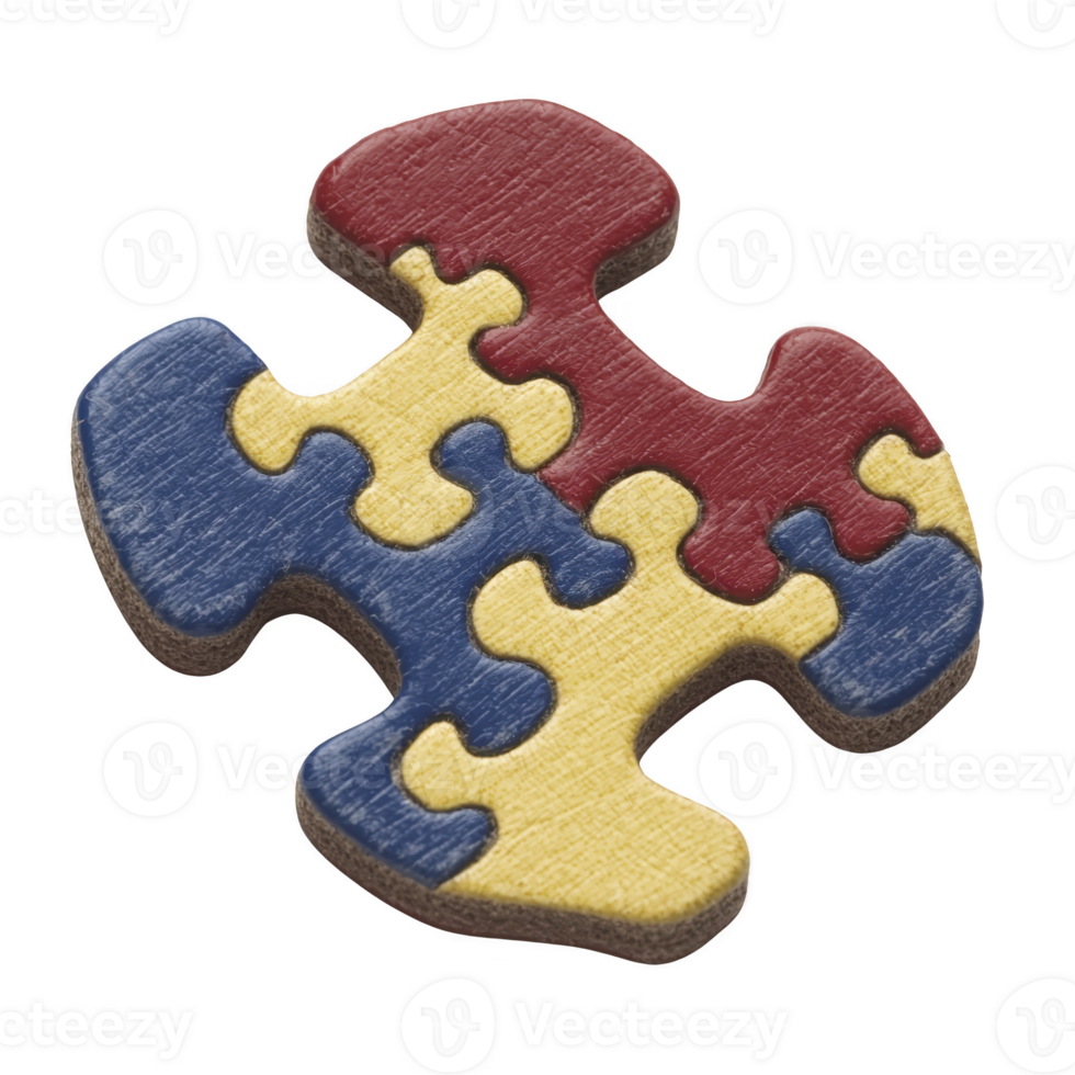 Colorful wooden puzzle piece with interlocking sections in red, blue, and yellow, symbolizing connection and creativity. texture is smooth, adding tactile element png