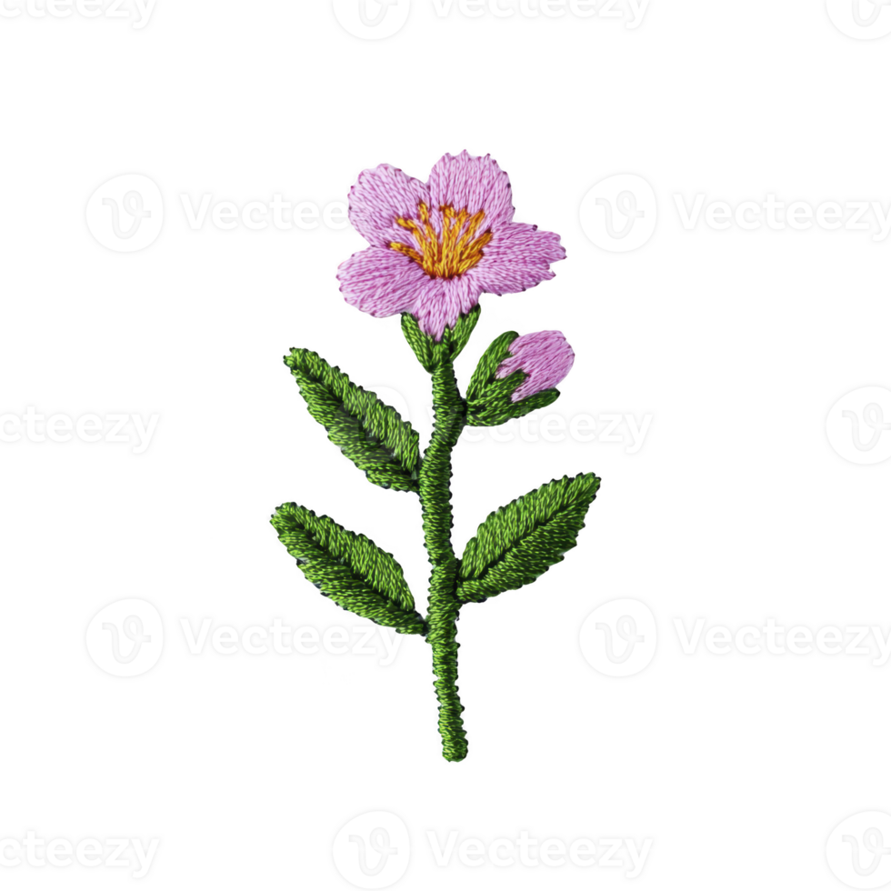 Delicate pink flower with green leaves is embroidered on transparency background, showcasing intricate stitching and vibrant colors. design is simple yet elegant, highlighting beauty of nature png