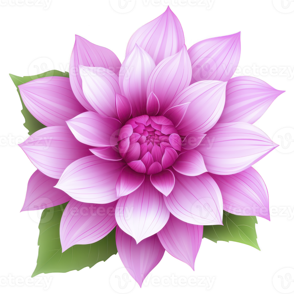 Vibrant pink dahlia flower with layered petals and green leaves, showcasing intricate details and symmetrical design. image captures beauty and elegance of flower png