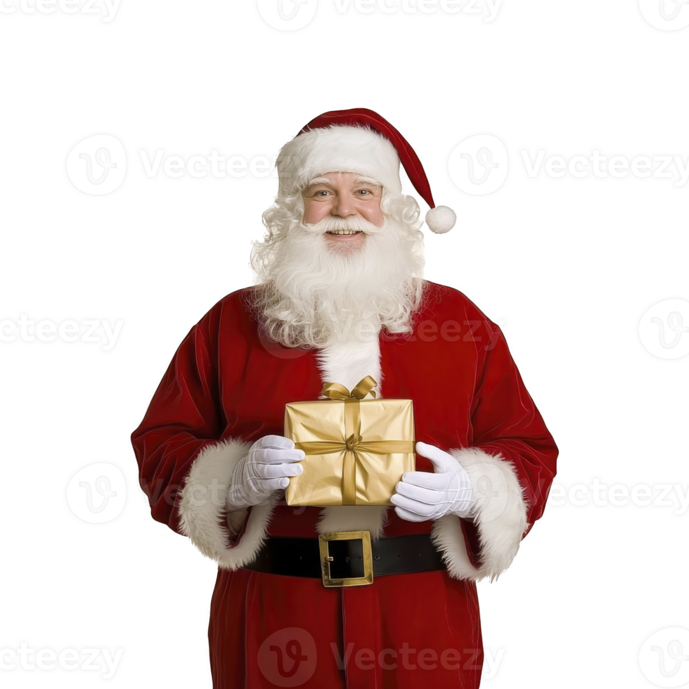 Santa Claus holding golden gift box with cheerful expression, dressed in traditional red suit with white fur trim and black belt, symbolizing festive Christmas spirit png