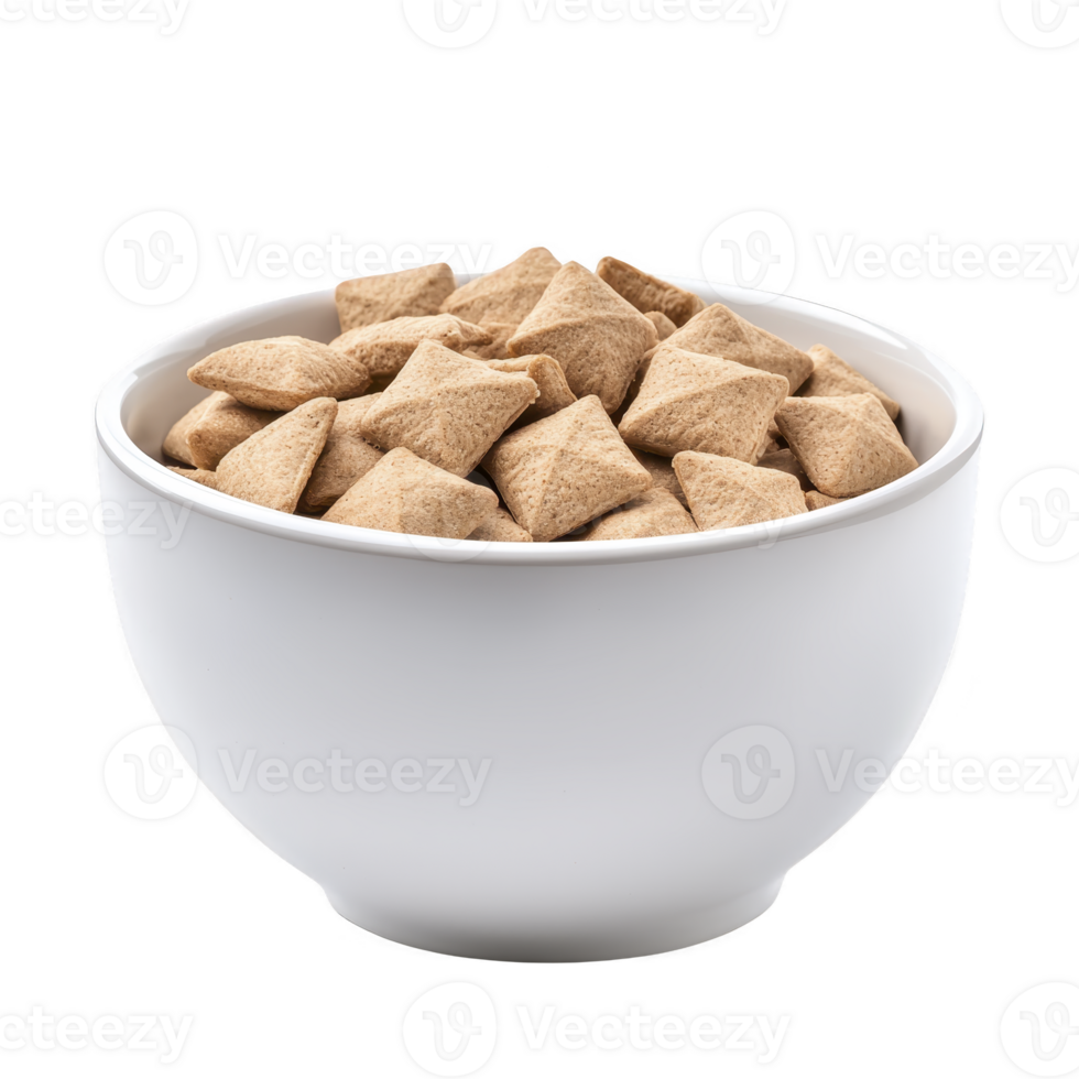 White bowl filled with crunchy, brown cereal pieces shaped like pillows, perfect for nutritious breakfast or snack. simple presentation highlights texture and shape of cereal png