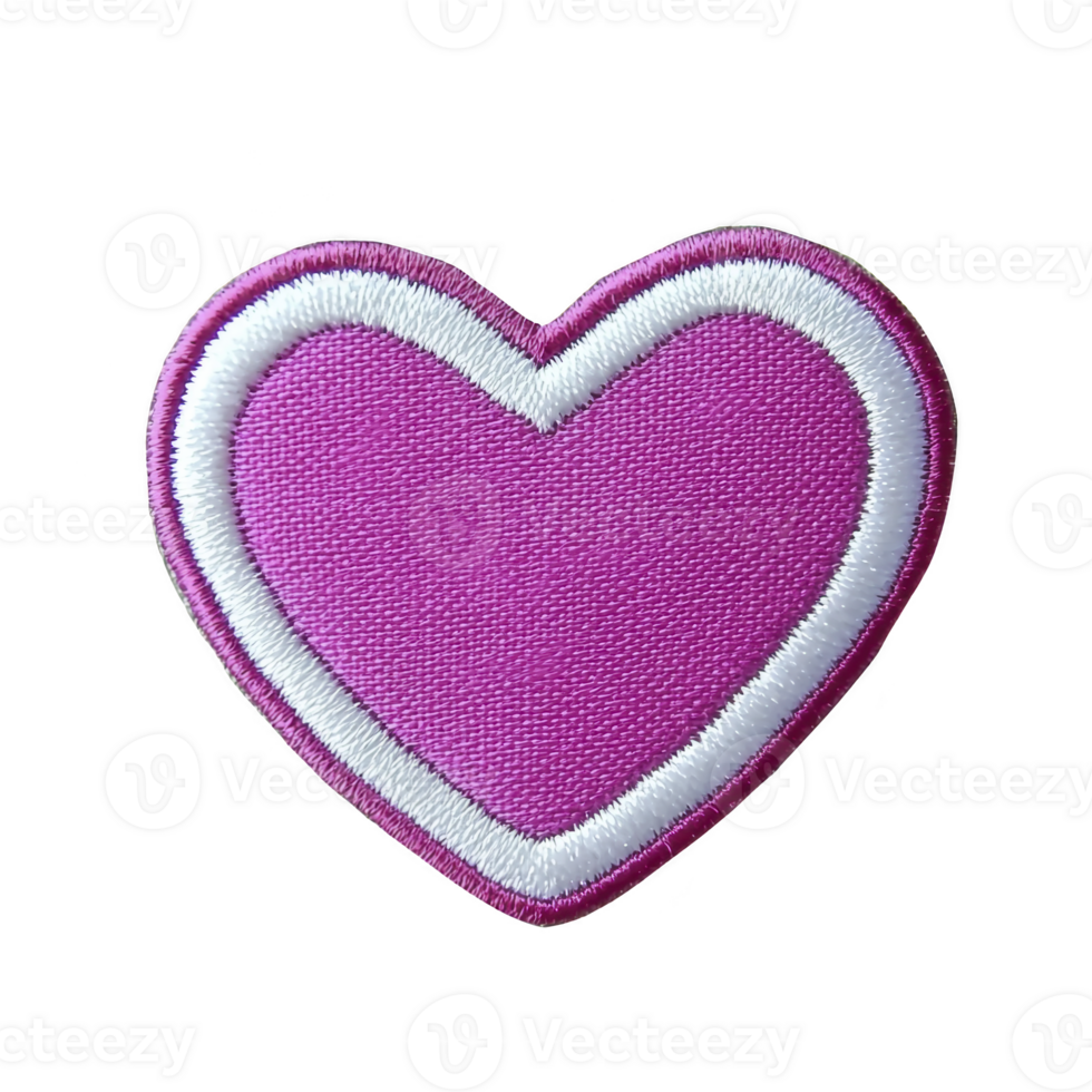 Vibrant pink heart shaped patch with white border, perfect for adding touch of love and style to clothing or accessories. embroidered design is both cute and eye catching png