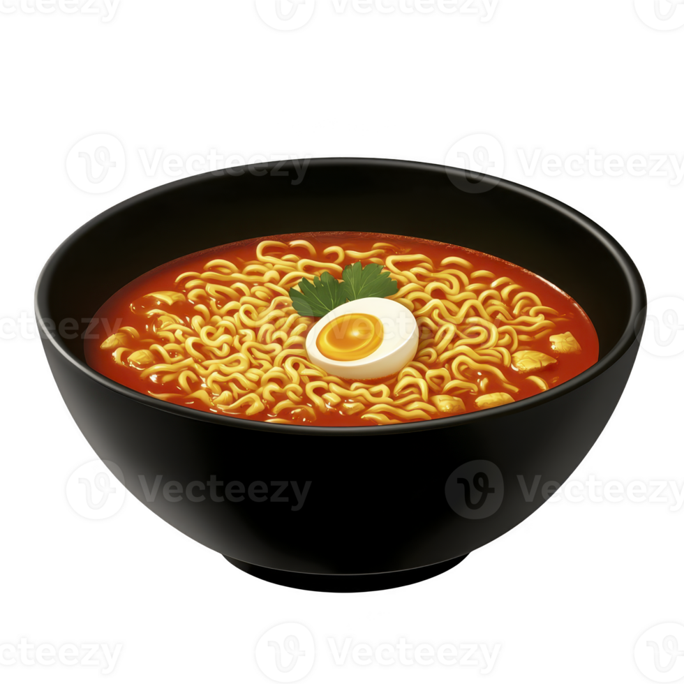 Steaming bowl of spicy ramen with noodles, topped with halved boiled egg and garnished with fresh herbs, served in sleek black bowl png