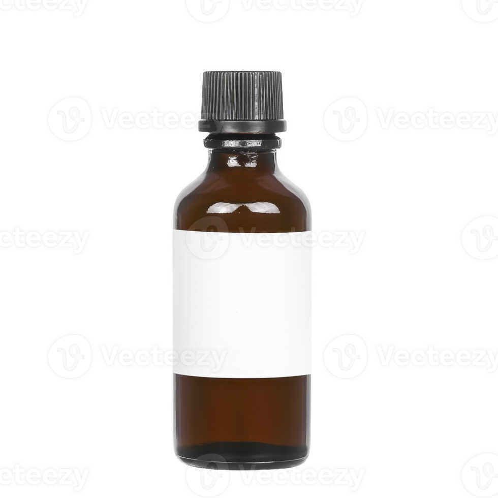 Small amber glass bottle with black screw cap and blank white label, suitable for storing essential oils or other liquids. minimalist design is ideal for branding png