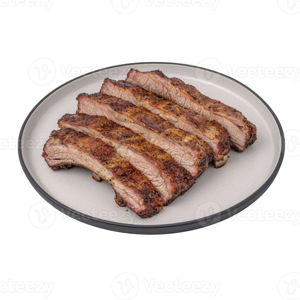 Juicy, grilled beef ribs on white plate, showcasing deliciously seasoned and perfectly cooked texture. ribs are sliced and arranged neatly, highlighting their rich, savory appeal png
