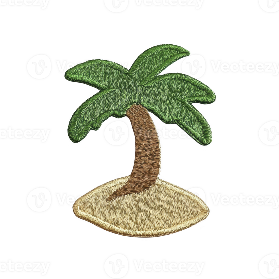 This features embroidered patch of palm tree on small sandy island, with green leaves and brown trunk, set against plain background. design is simple and tropical png